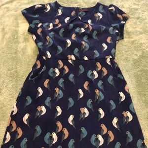 Cap sleeve blue dress with bird pattern & pockets
